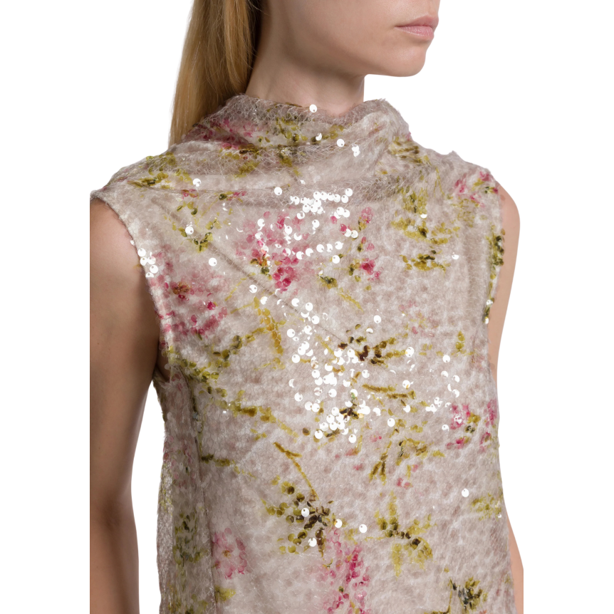 Top sans manche ALBERTA FERRETTI col montant fleurs paillettes sequins multicolores