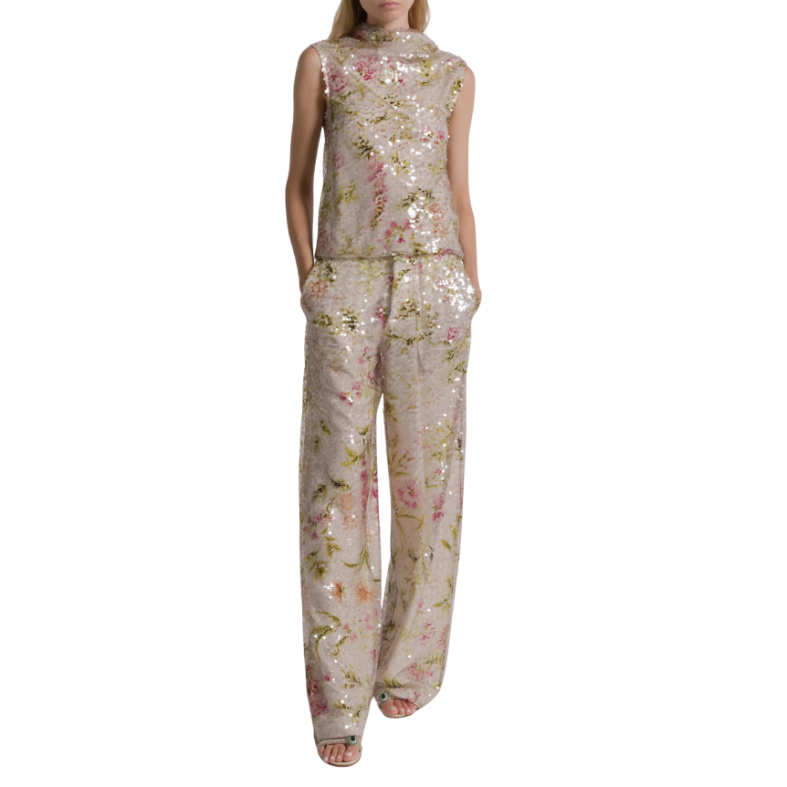 Top sans manche ALBERTA FERRETTI col montant fleurs paillettes sequins multicolores