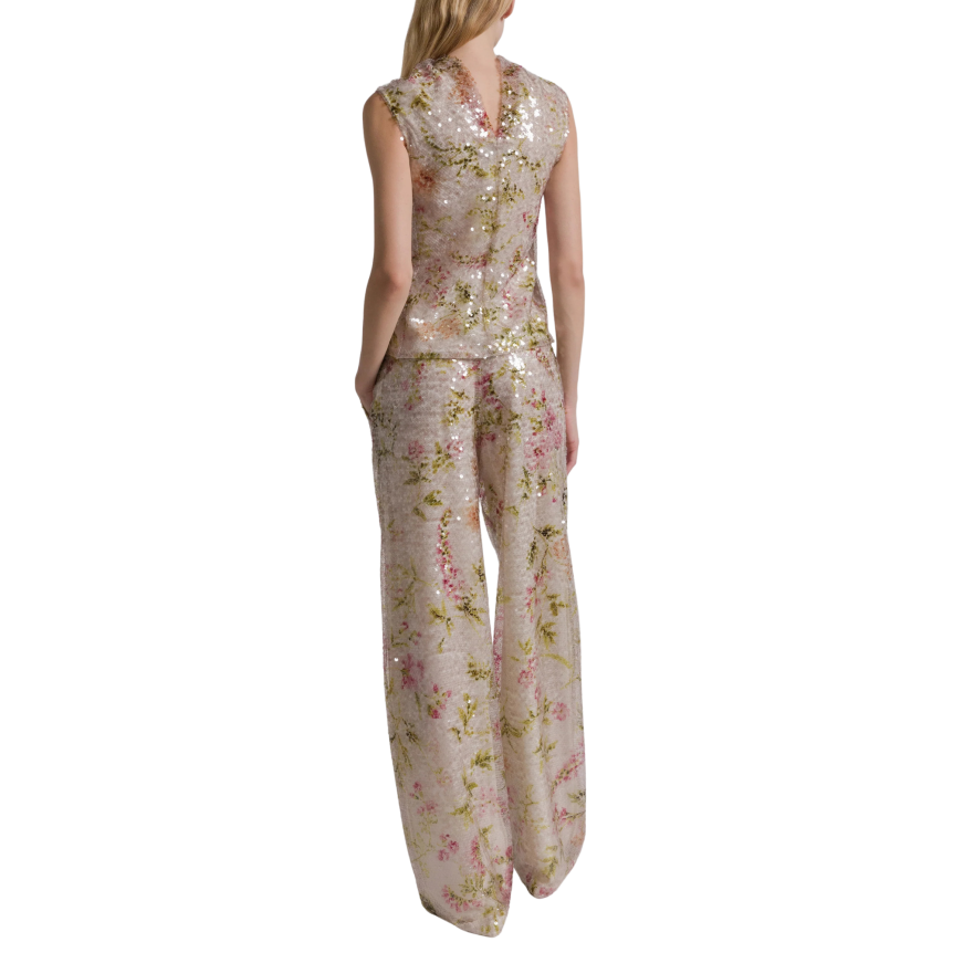 Top sans manche ALBERTA FERRETTI col montant fleurs paillettes sequins multicolores