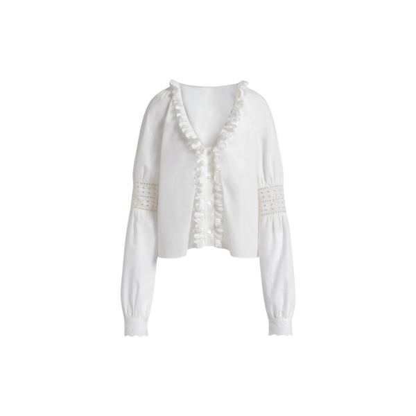 Top blouse col V ALBERTA FERRETTI popeline coton blanc broderies volants
