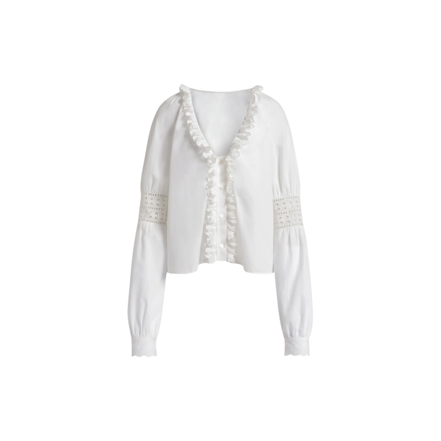 Top blouse col V ALBERTA FERRETTI popeline coton blanc broderies volants
