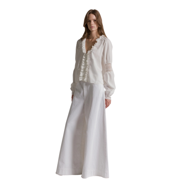 Top blouse col V ALBERTA FERRETTI popeline coton blanc broderies volants