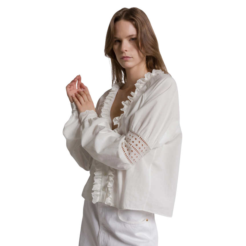 Top blouse col V ALBERTA FERRETTI popeline coton blanc broderies volants