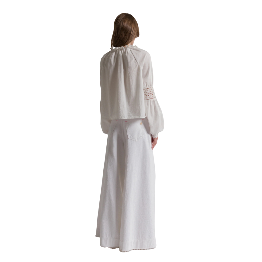 Top blouse col V ALBERTA FERRETTI popeline coton blanc broderies volants