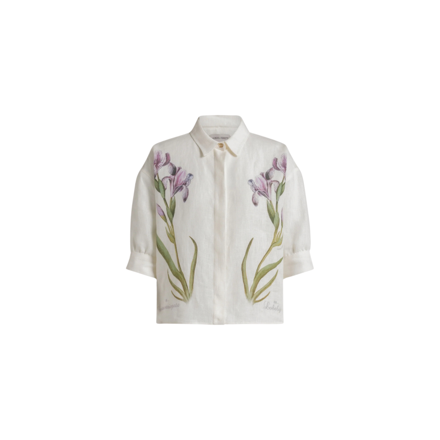 Chemise manche courte ALBERTA FERRETTI lin blanc imprimé floral Iris