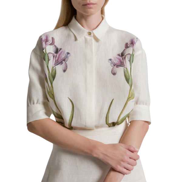 Chemise manche courte ALBERTA FERRETTI lin blanc imprimé floral Iris