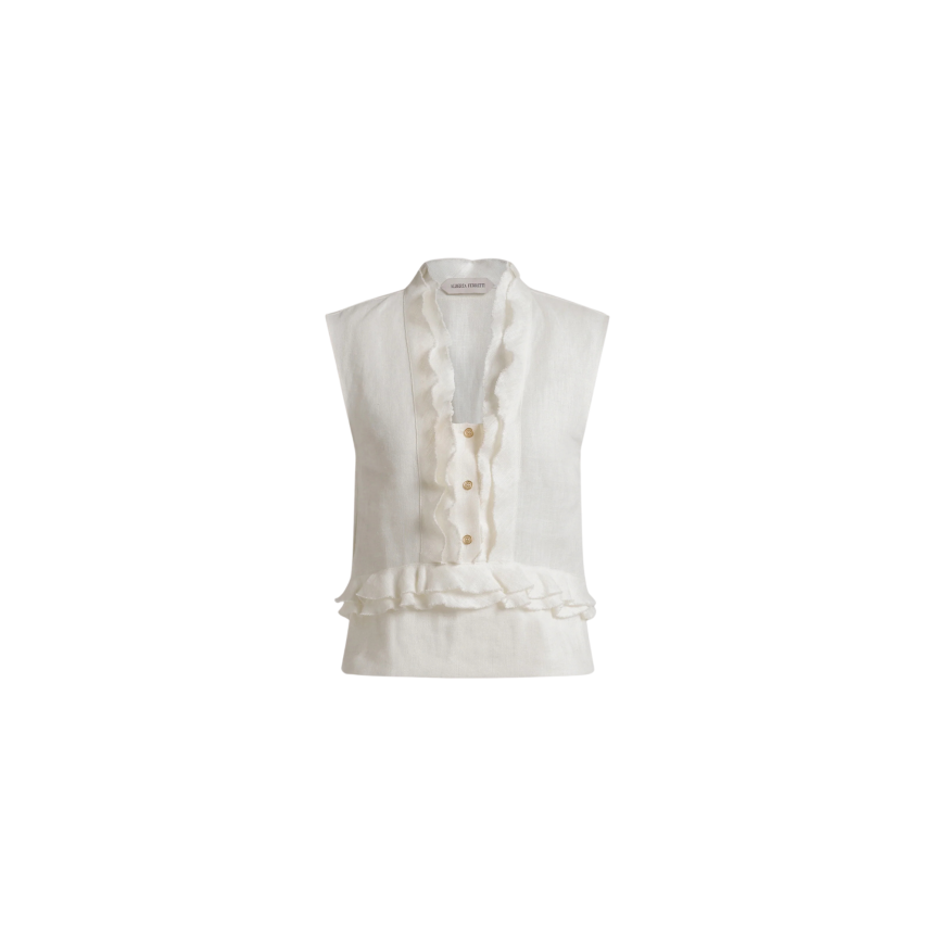 Top sans manche ALBERTA FERRETTI lin ivoire volants fronces
