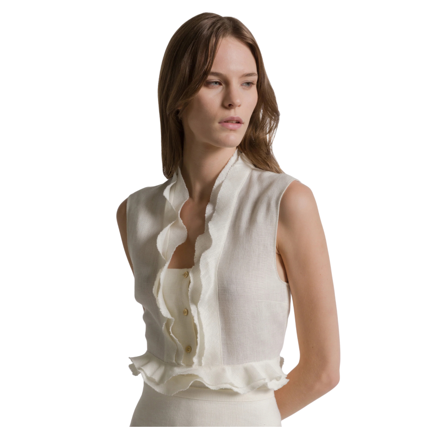 Top sans manche ALBERTA FERRETTI lin ivoire volants fronces