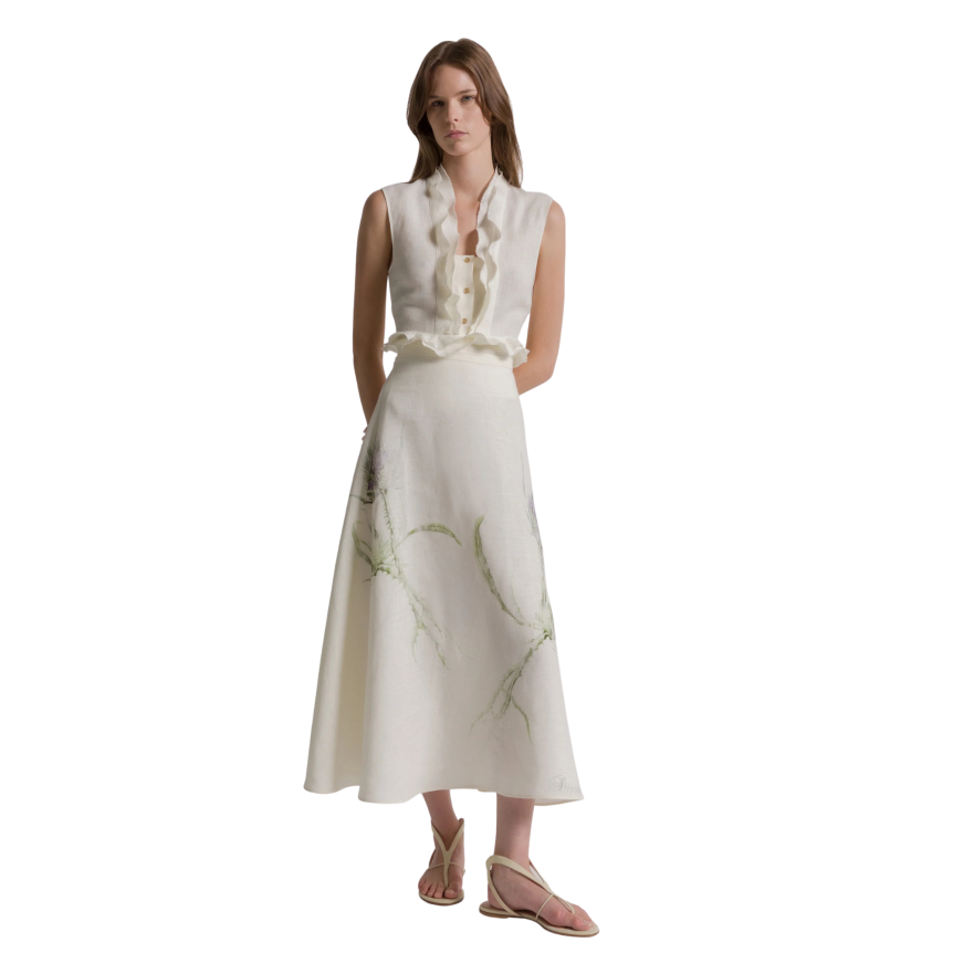 Top sans manche ALBERTA FERRETTI lin ivoire volants fronces