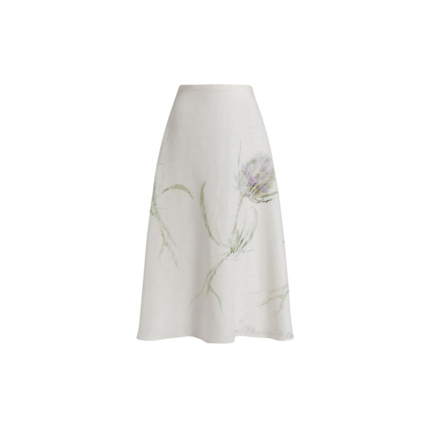 Jupe longue ALBERTA FERRETTI évasée lin ivoire imprimé floral Chardon