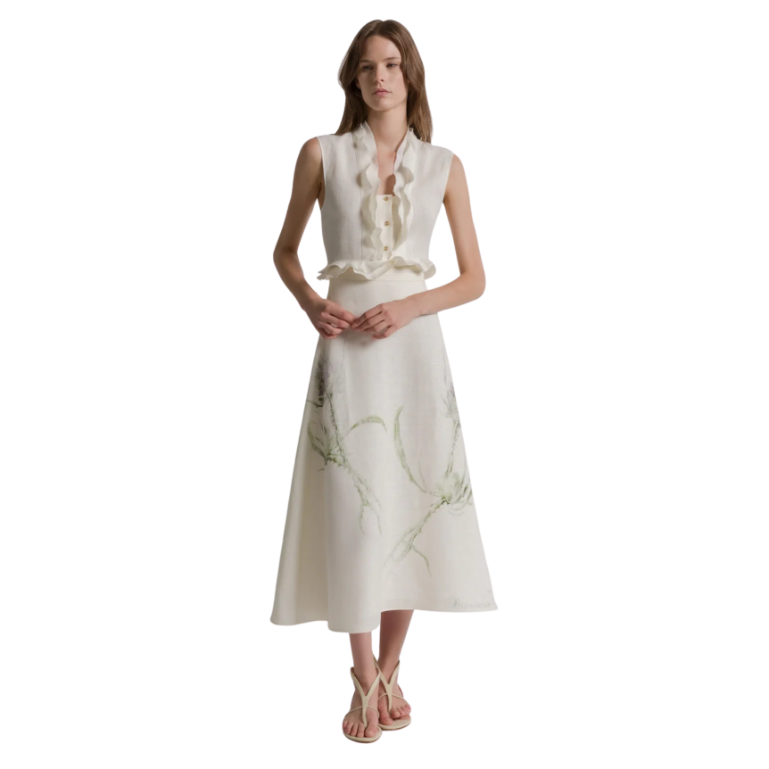 Jupe longue ALBERTA FERRETTI évasée lin ivoire imprimé floral Chardon