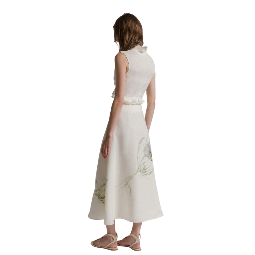 Jupe longue ALBERTA FERRETTI évasée lin ivoire imprimé floral Chardon