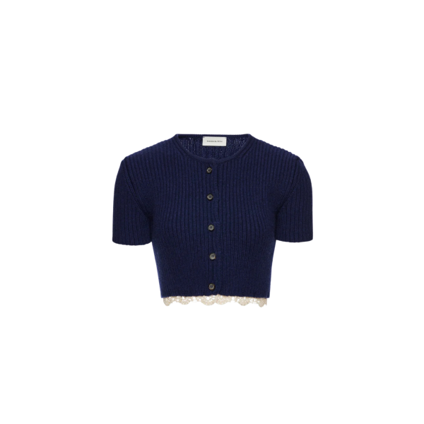 MAGDA BUTRYM Cardigan court manche courte à boutons cachemire bleu marine bordure crochet