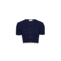 Cardigan court manche courte à boutons cachemire bleu marine bordure crochet