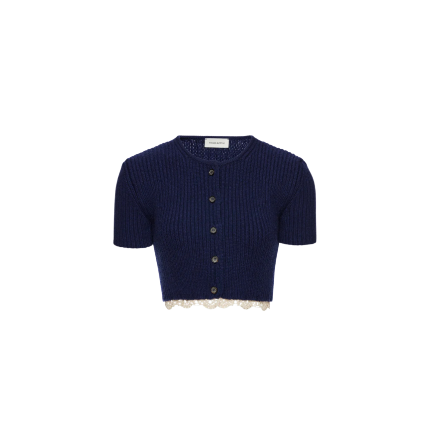 MAGDA BUTRYM Cardigan court manche courte à boutons cachemire bleu marine bordure crochet