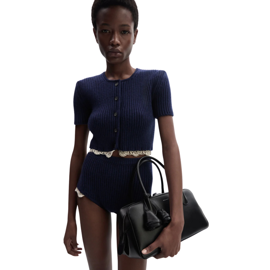 MAGDA BUTRYM Cardigan court manche courte à boutons cachemire bleu marine bordure crochet