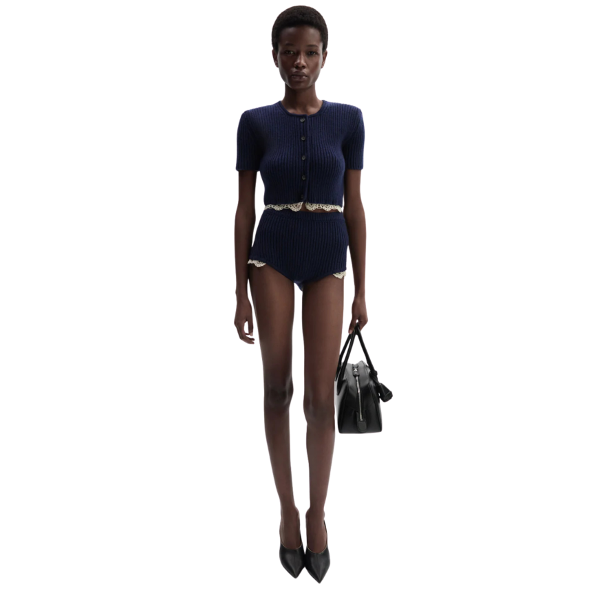 MAGDA BUTRYM Cardigan court manche courte à boutons cachemire bleu marine bordure crochet