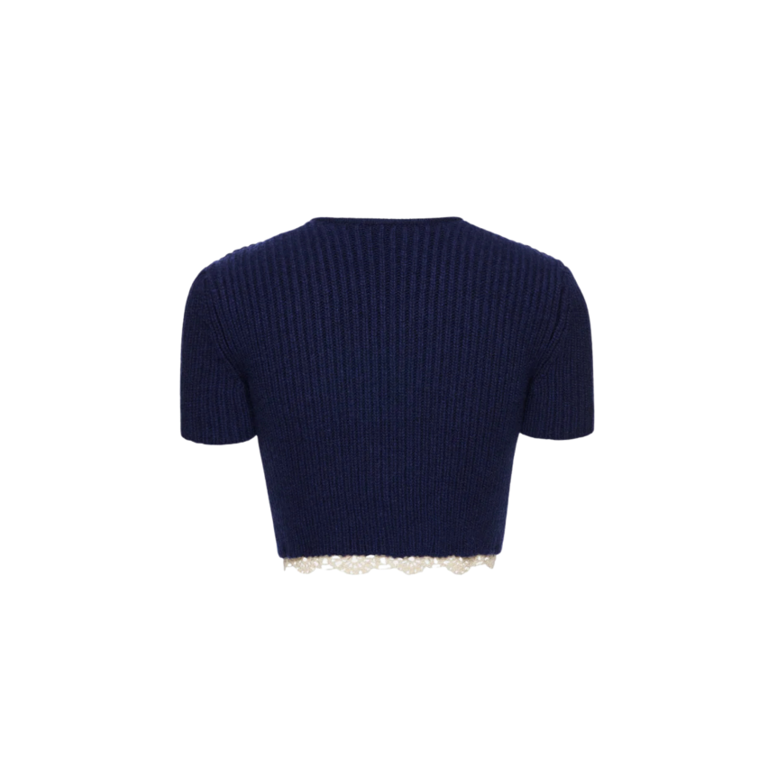 MAGDA BUTRYM Cardigan court manche courte à boutons cachemire bleu marine bordure crochet