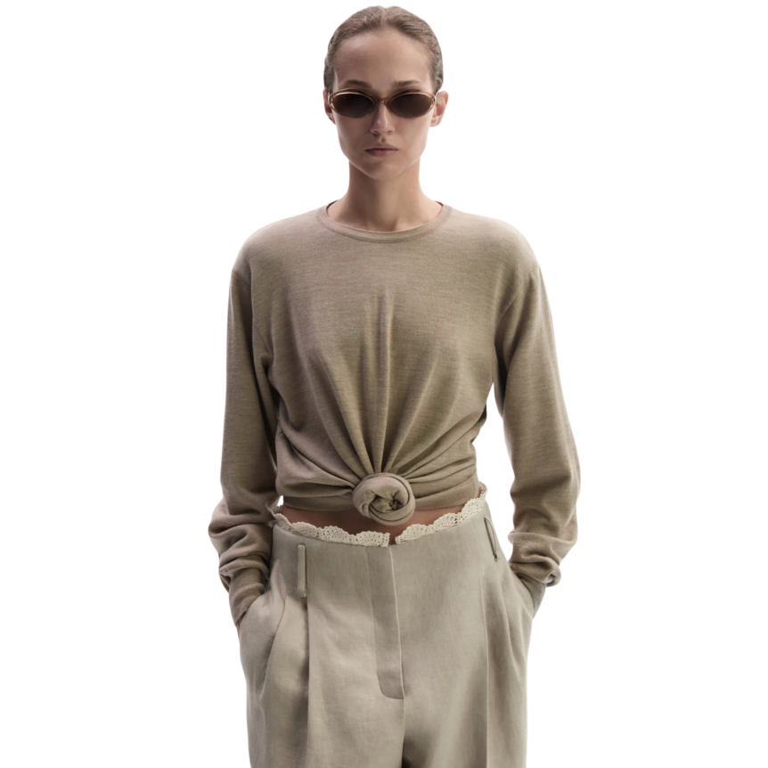 Pull col rond MAGDA BUTRYM manche longue laine beige fronce nœud