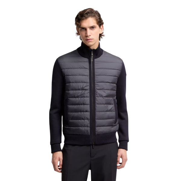 Cardigan matelassé MONCLER bi matière laine nylon bleu marine logo cuir