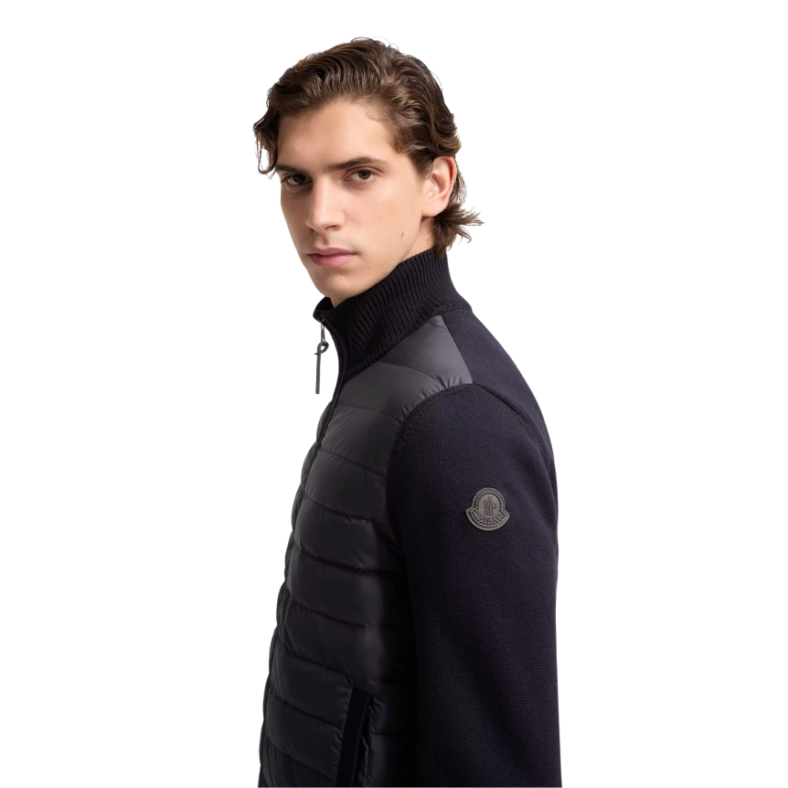 Cardigan matelassé MONCLER bi matière laine nylon bleu marine logo cuir