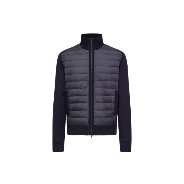 Cardigan matelassé MONCLER bi matière laine nylon bleu marine logo cuir
