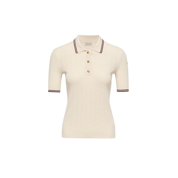 Top polo manche courte MONCLER coton écru liseret marron