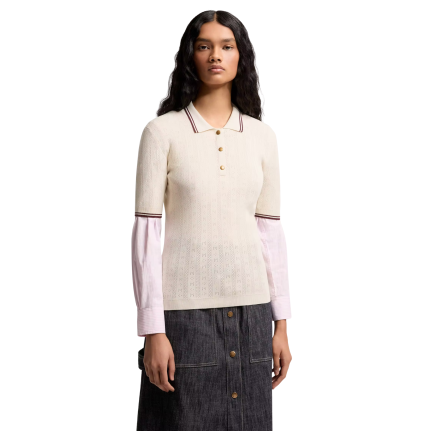 Top polo manche courte MONCLER coton écru liseret marron