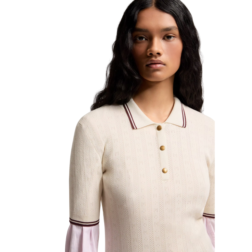 Top polo manche courte MONCLER coton écru liseret marron