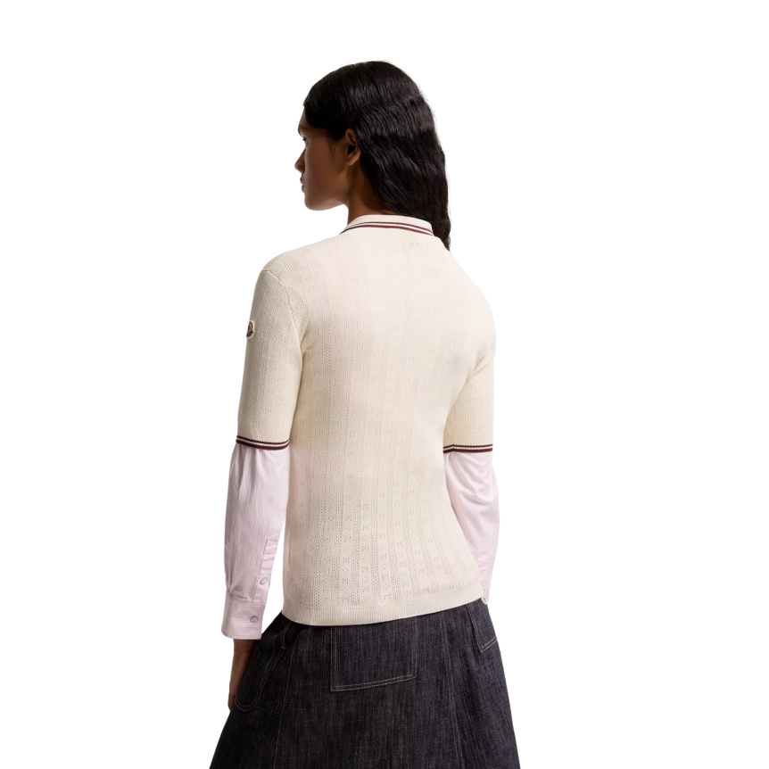 Top polo manche courte MONCLER coton écru liseret marron