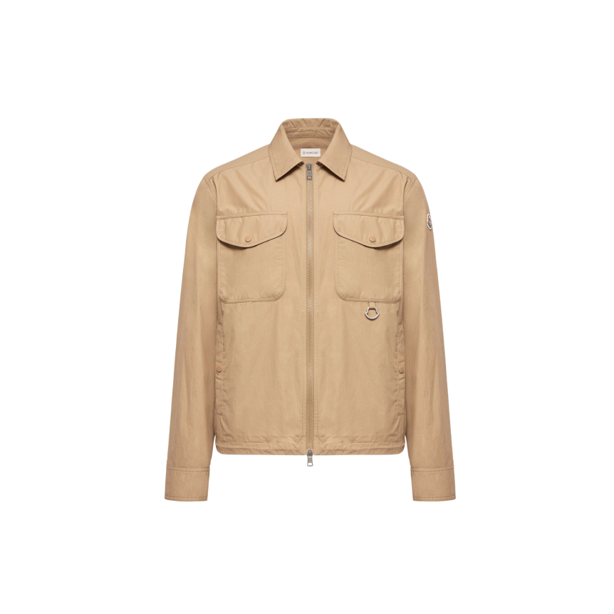 MONCLER Surchemise veste zippée manche longue popeline coton beige poches logo acier