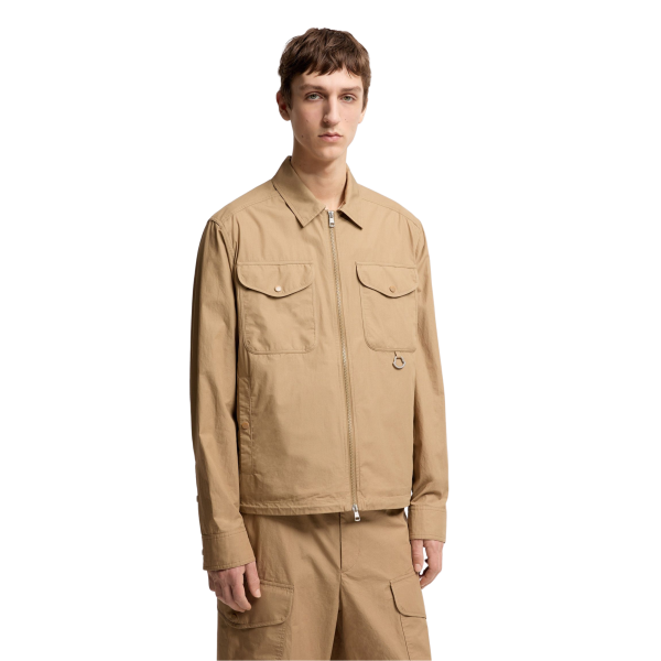 MONCLER Surchemise veste zippée manche longue popeline coton beige poches logo acier
