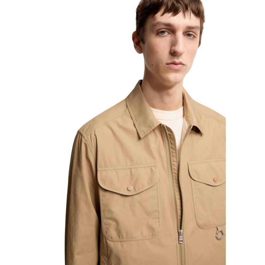 MONCLER Surchemise veste zippée manche longue popeline coton beige poches logo acier
