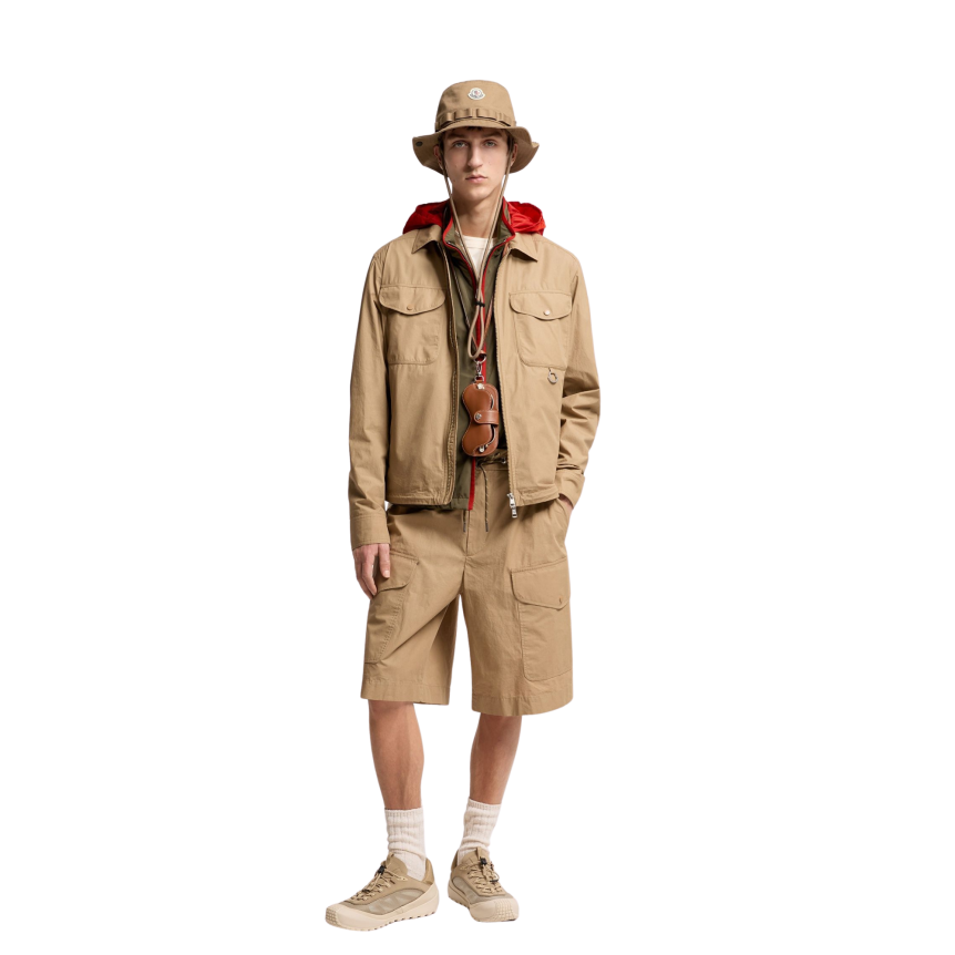MONCLER Surchemise veste zippée manche longue popeline coton beige poches logo acier