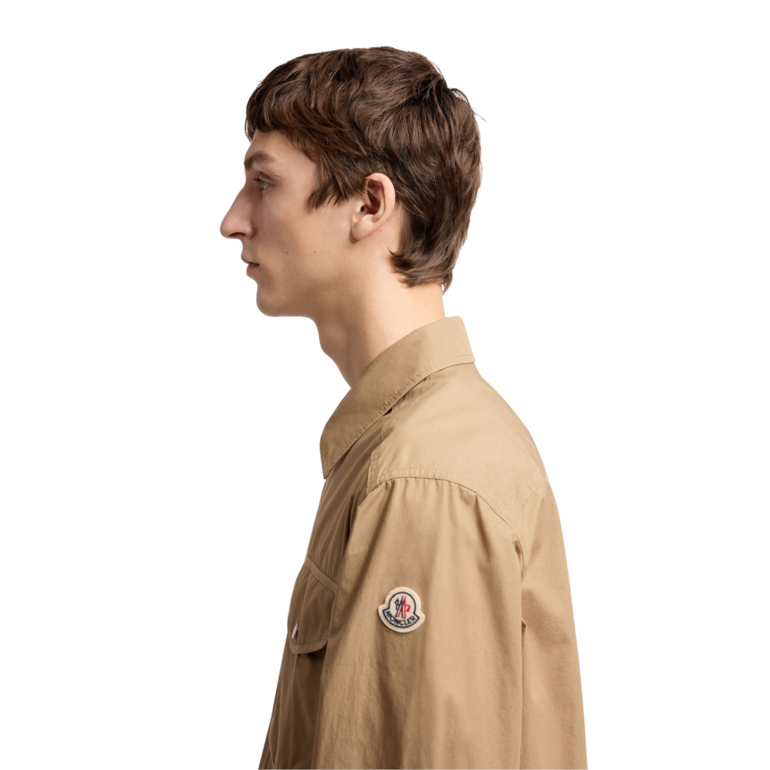 MONCLER Surchemise veste zippée manche longue popeline coton beige poches logo acier