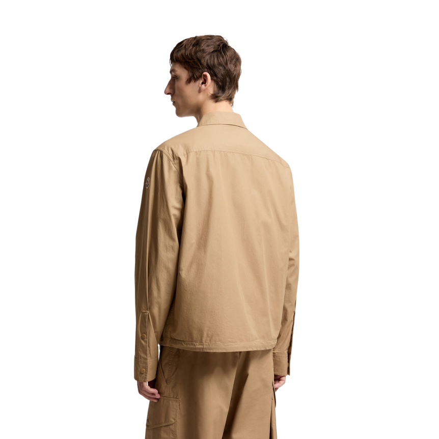 MONCLER Surchemise veste zippée manche longue popeline coton beige poches logo acier