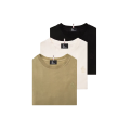Pack 3 T-shirts manches courtes col rond coton mélangé noir écru vert olive logo Grenoble