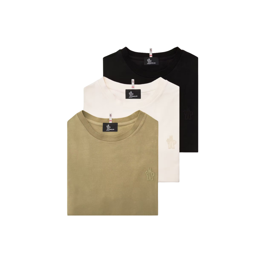 Pack 3 T-shirts manches courtes MONCLER col rond coton mélangé noir écru vert olive logo Grenoble