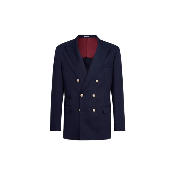 Blazer croisé BRUNELLO CUCINELLI soie lin bleu marine boutons métal