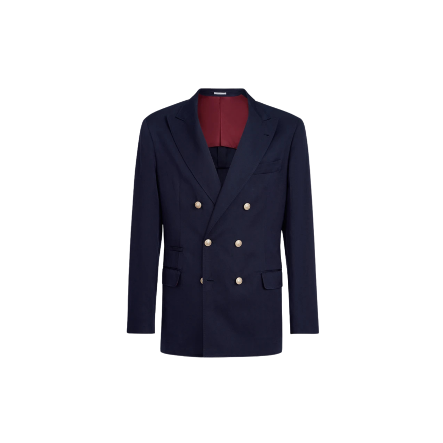 Blazer croisé BRUNELLO CUCINELLI soie lin bleu marine boutons métal