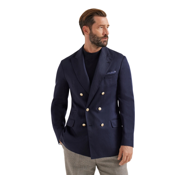 Blazer croisé BRUNELLO CUCINELLI soie lin bleu marine boutons métal