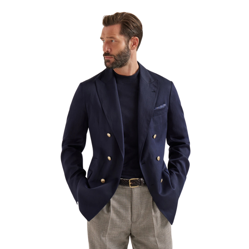 Blazer croisé BRUNELLO CUCINELLI soie lin bleu marine boutons métal