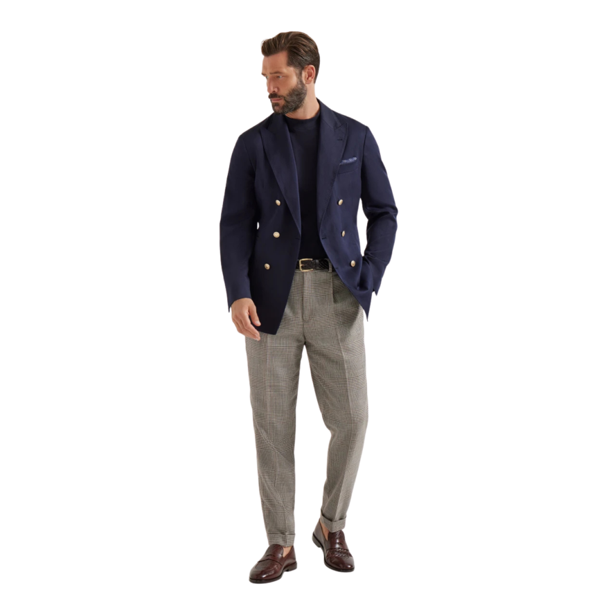 Blazer croisé BRUNELLO CUCINELLI soie lin bleu marine boutons métal