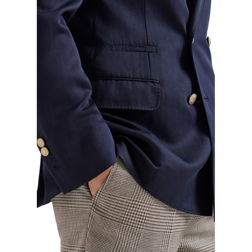 Blazer croisé BRUNELLO CUCINELLI soie lin bleu marine boutons métal
