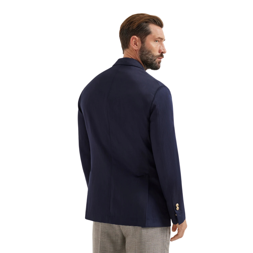 Blazer croisé BRUNELLO CUCINELLI soie lin bleu marine boutons métal