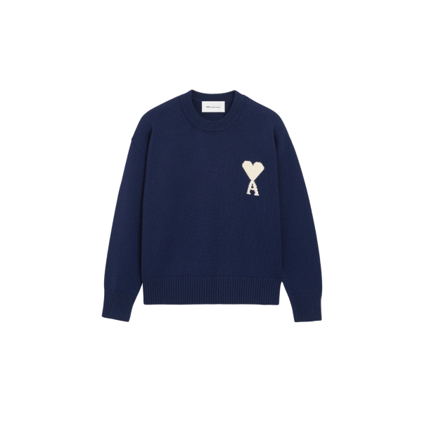Pull col rond AMI Paris laine coton bleu marine gros cœur blanc