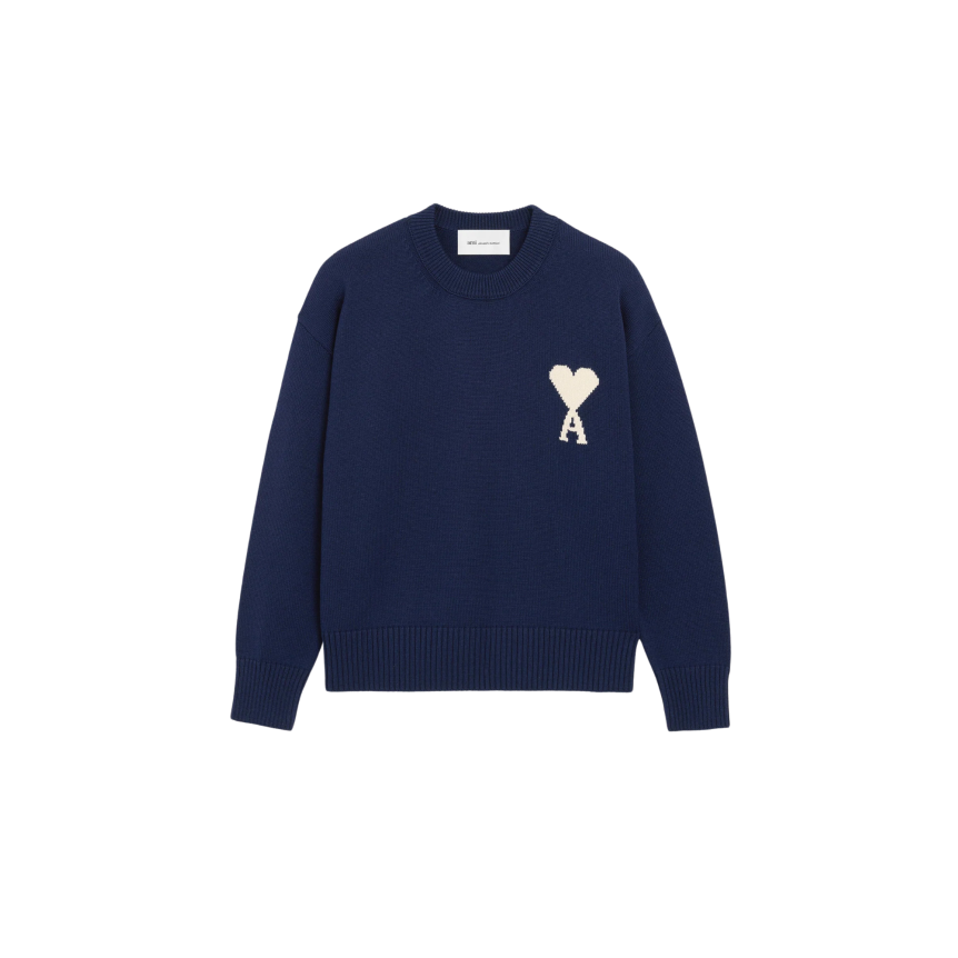 Pull col rond AMI Paris laine coton bleu marine gros cœur blanc