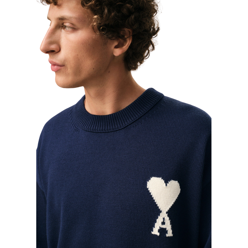 Pull col rond AMI Paris laine coton bleu marine gros cœur blanc