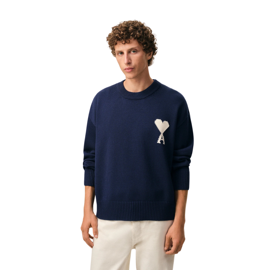 Pull col rond AMI Paris laine coton bleu marine gros cœur blanc