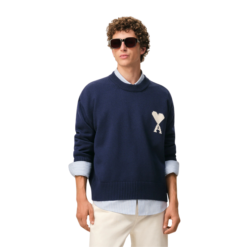 Pull col rond AMI Paris laine coton bleu marine gros cœur blanc